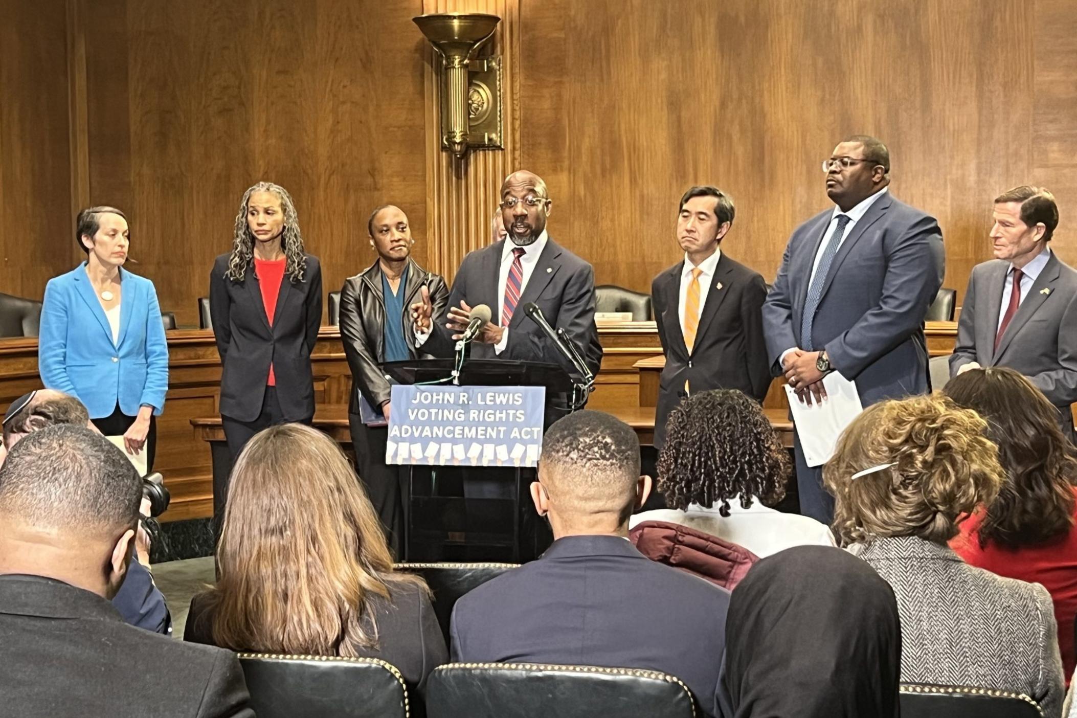 Senator Reverend Warnock and colleagues reintroduce John R. Lewis Voting Rights Advancement Act during Senate Judiciary Committee hearing on March 12, 2024.