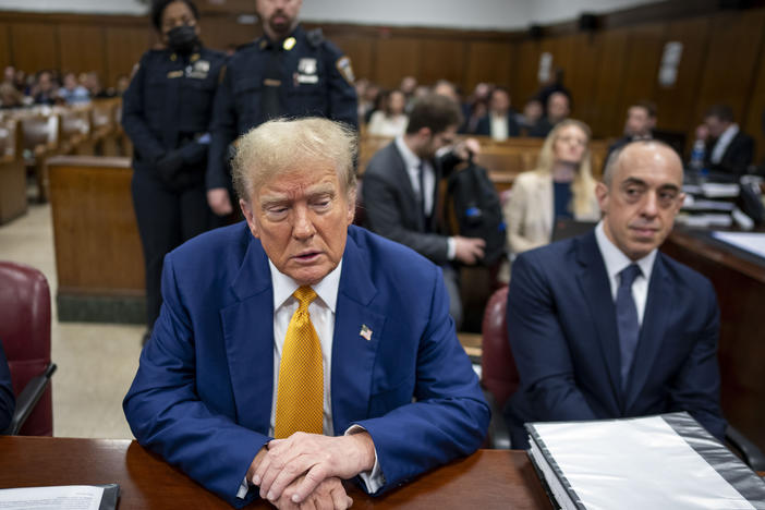 Former President Donald Trump attends his trial in Manhattan criminal court on May 2. The judge in the case heard arguments related to the prosecution's request to fine Trump for violating a gag order in the case.