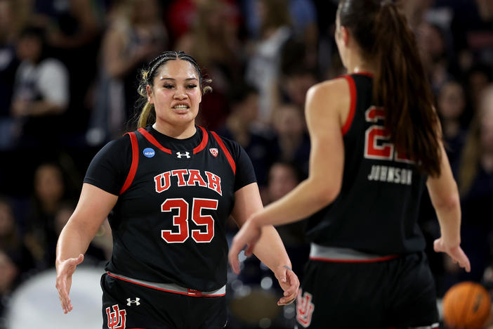 Alissa Pili #35 and Jenna Johnson #22 of the Utah Utes react after a basket against the Gonzaga Bulldogs in the second round of the NCAA Women's Basketball Tournament in Spokane, Wash. on March 25, 2024. (Photo by Steph Chambers/Getty Images)