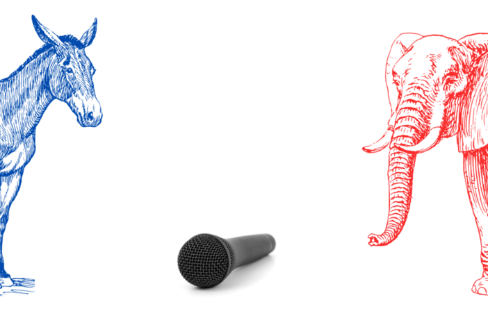 An illustration of a donkey (for a Democrat) and an elephant (for a Republican) facing off at a microphone.