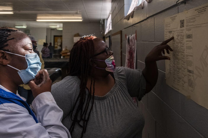 Two women examine a sample ballot on the wall of polling location in Warner Robins, Georgia.