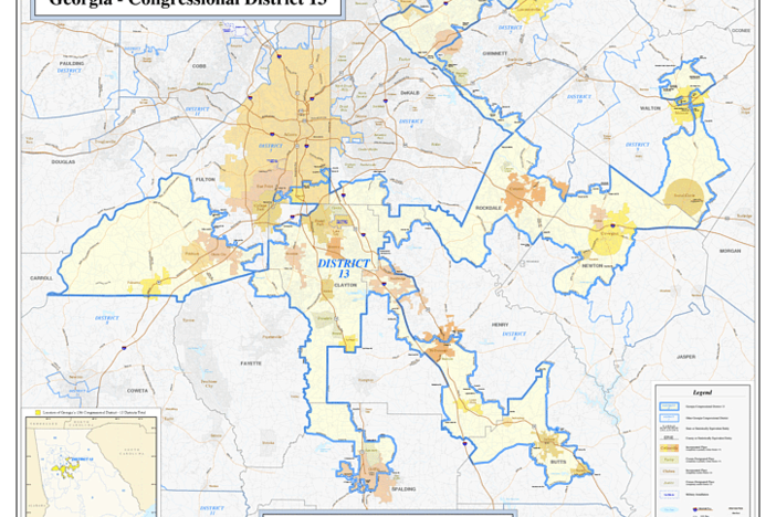 The 13th Congressional District in Georgia, known as the "dead cat" district, gerrymandered together multiple communities across metro Atlanta.