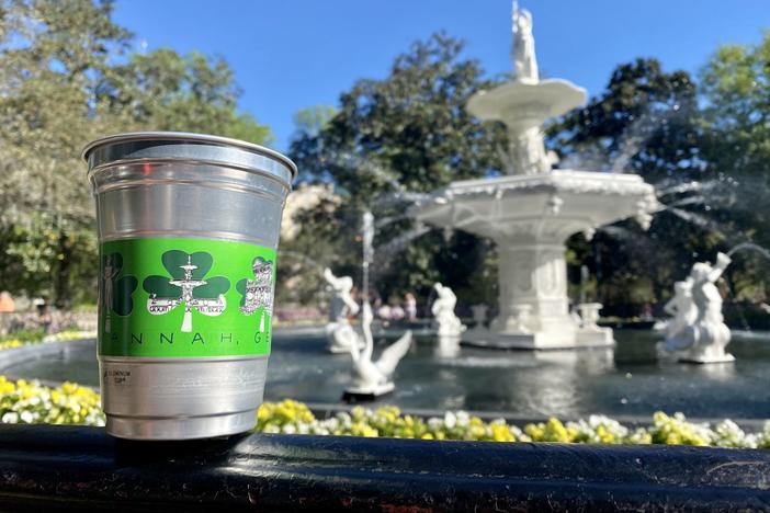 The new Savannah St. Patrick's Day parade “to-go” cup features illustrations of six local landmarks, including the Forsyth Park fountain.