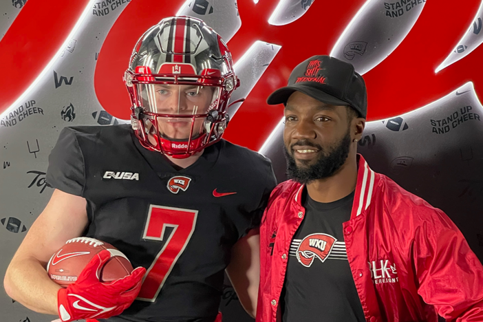 Kyle Vaka alongside Kell High School wide receivers coach Steph Brown visiting Western Kentucky University in April. Brown is a former Hilltoppers wide receiver. 