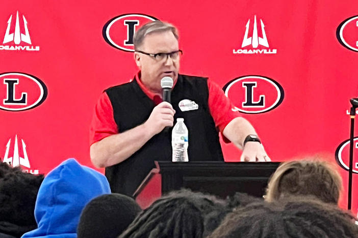 New Loganville Red Devils head football coach Gene Cathcart meeting his new team and community on April 11, 2023. 