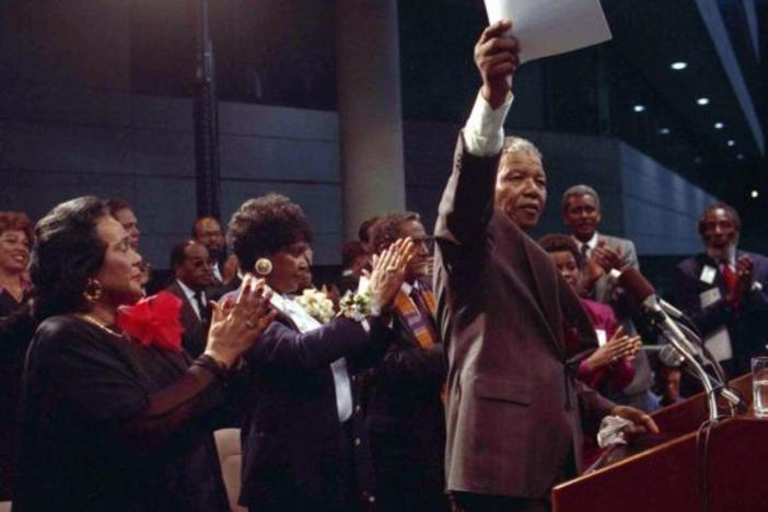 Nelson Mandela visited Atlanta in June, 1990 and spoke at Georgia Tech, where Coretta Scott King and Winnie Mandela applauded.