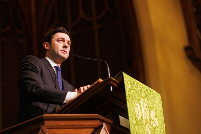 Sen. Jon Ossoff speaks out against the recent anti-Semitic protest and demonstrations at a rally in Macon on Sunday. 