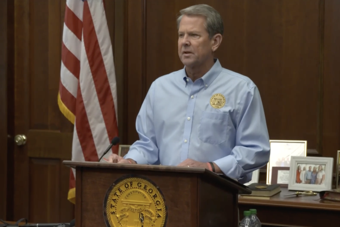 Gov. Brian Kemp speaks at a press conference about Tropical Storm Idalia on Aug. 31, 2023.
