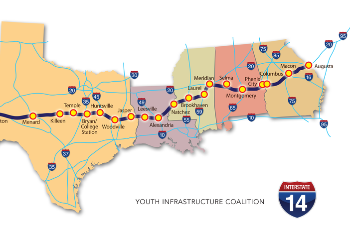 A map is seen of the proposed Interstate 14 highway project, including a Georgia portion that would connect Columbus, Macon and Augusta.