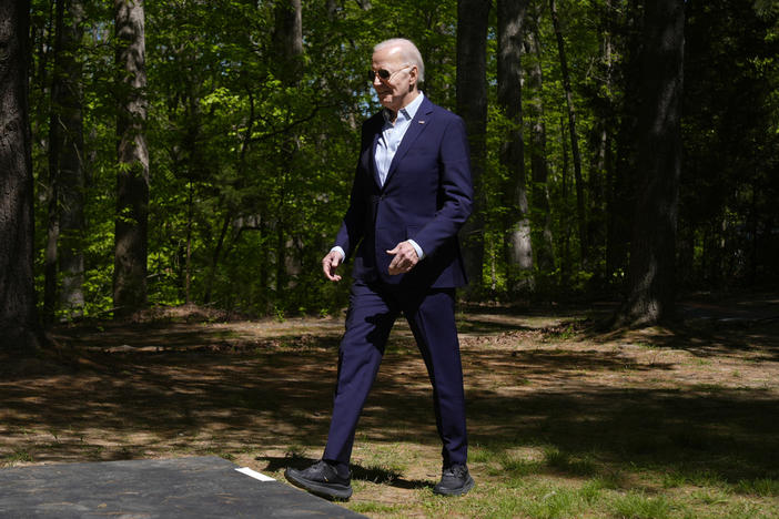 President Joe Biden arrives to speak at Prince William Forest Park on Earth Day, Monday, April 22, 2024, in Triangle, Va. Biden is announcing $7 billion in federal grants to provide residential solar projects serving low- and middle-income communities and expanding his American Climate Corps green jobs training program.