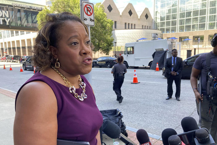 DeKalb County District Attorney Sherry Boston speaks to reporters Friday, Sept. 22, 2023, outside the Fulton County Courthouse in Atlanta. Boston is one of four Georgia district attorneys who sued to overturn a law that lets a new commission to discipline and remove prosecutors. A Fulton County judge heard arguments over whether she should freeze the law. 