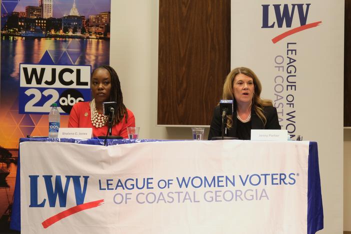 Chatham County District Attorney Shalena Cook Jones, left, listens as former Chatham County chief assistant district attorney Jenny Parker speaks at a candidates' forum in Savannah on April 29, 2024.
