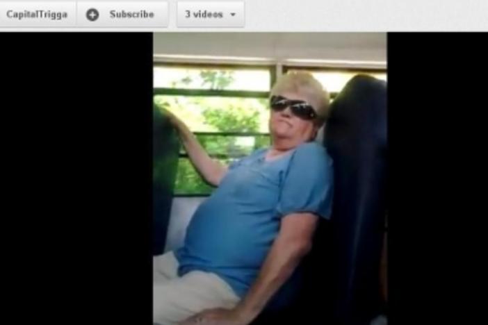 A screen capture of the Karen Klein from the YouTube video "Making the Bus Monitor Cry."