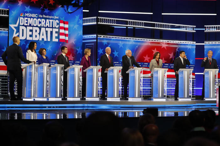 10 Democratic presidential hopefuls make their case to voters on the debate stage at Tyler Perry Studios.