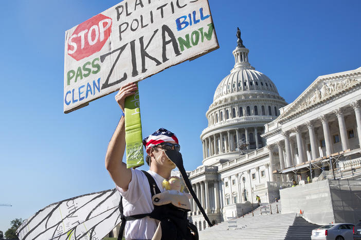 Wearing a homemade mosquito costume, an expectant father from Washington who asked not to be named, protests the lack of Congressional approval to fund a federal response to the Zika virus, Wednesday, Sept. 14, 2016, on Capitol Hill in Washington. 