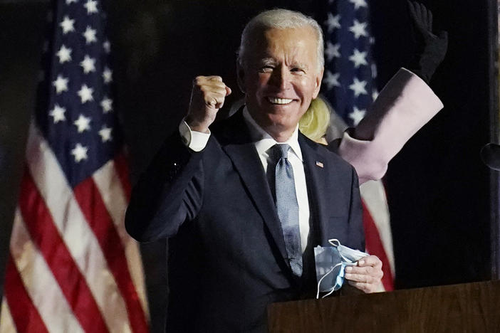 Joe Biden rallied supporters Wednesday, Nov. 4, in Wilmington, Del. Though he is now U.S. president-elect, Biden will have to await outcomes of January run-off races in the Senate to know much support he's likely to get there for his health care agenda.