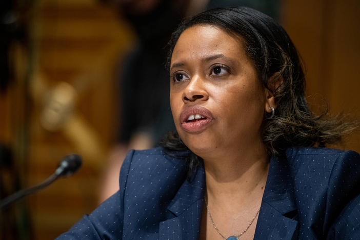 CMS Administrator Chiquita Brooks-LaSure, pictured in 2021, said "we want our programs to be consistent" when asked late last year whether the Centers for Medicare & Medicaid Services would eliminate premiums in all Medicaid waivers.