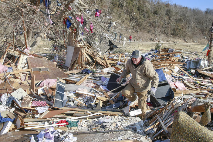 Cleanup efforts were underway in Winterset, Iowa, on Sunday, March 6, 2022, after a tornado tore through an area southwest of town on Saturday.
