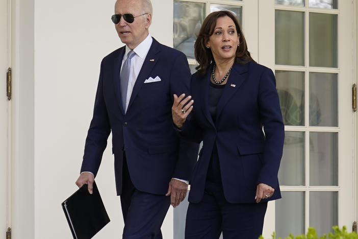 President Joe Biden and Vice President Kamala Harris walk to the Oval Office after an event in the Rose Garden on April 11, 2022.