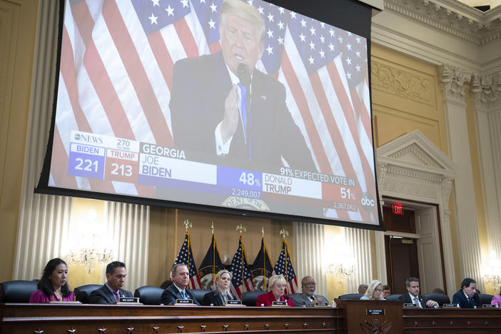 A clip of former President Donald Trump is played during a hearing of the House Select Committee on the January 6 Attack on Monday.