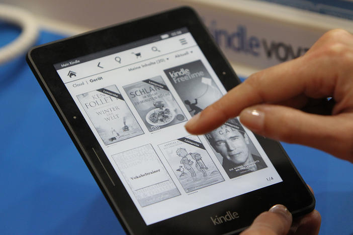 A kindle e-book reader is pictured at the Book Fair in Frankfurt, Germany, in 2015.