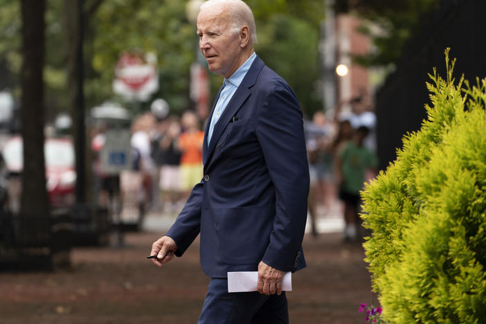 President Biden departs Holy Trinity Catholic Church in the Georgetown section of Washington, D.C., after attending a Mass on Sunday, July 17, 2022.