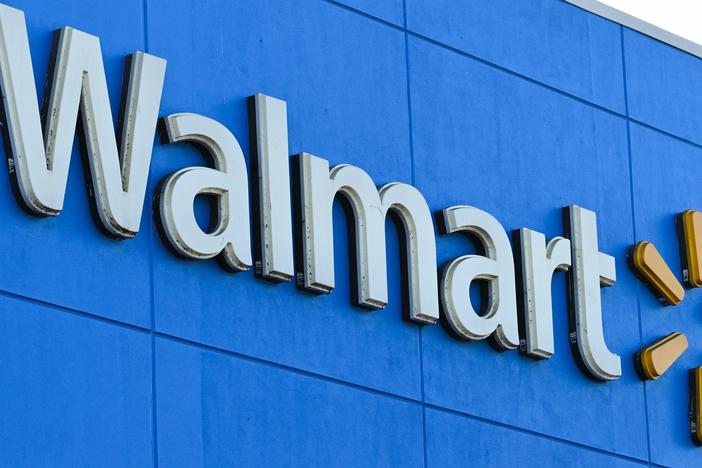 A Black man in Portland, Ore., has been awarded $4.4 million in a settlement after a jury determined he was racially profiled while shopping at Walmart. Here, the Walmart logo is seen outside a store in Burbank, Calif.