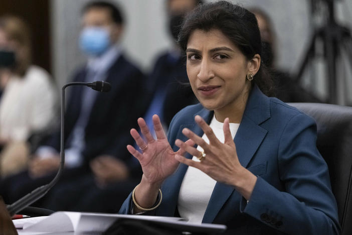 Federal Trade Commission Chair Lina Khan, pictured at her April 2021 confirmation hearing, spoke to <em>Morning Edition</em> on Thursday about the new "Click to Cancel" proposal.