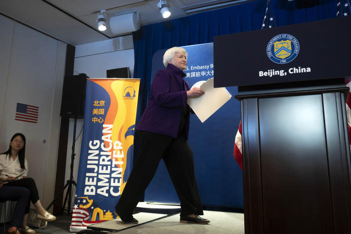 Treasury Secretary Janet Yellen arrives for a news conference at the U.S. Embassy in Beijing, Sunday, July 9, 2023.
