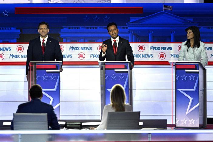 From left to right: Former Vice President Mike Pence, Florida Gov. Ron DeSantis, entrepreneur Vivek Ramaswamy and former U.N. Ambassador Nikki Haley during the first Republican presidential primary debate in Milwaukee on Wednesday.
