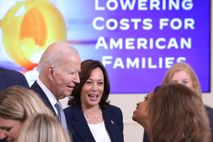 President Joe Biden and Vice President Kamala Harris at the White House event on August 29 where they announced the list of the first 10 medicines targeted for Medicare negotiations.