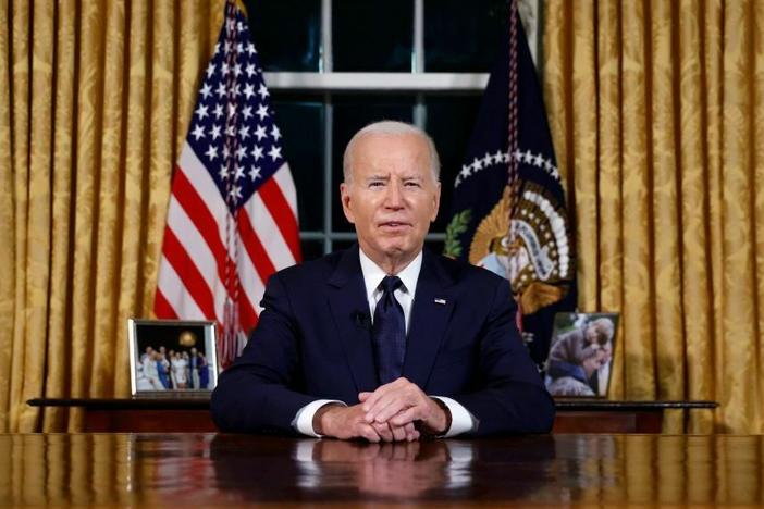 President Biden addresses the nation on the conflict between Israel and Gaza and the Russian invasion of Ukraine from the Oval Office of the White House on Thursday.