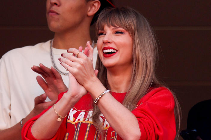 Taylor Swift reacts during a game between the Los Angeles Chargers and Kansas City Chiefs at Arrowhead Stadium in Kansas City, Mo., on Oct. 22.