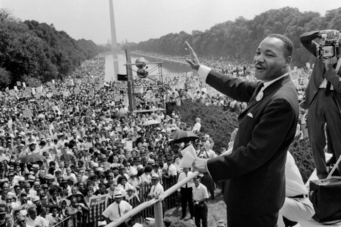 Martin Luther King Jr. waves to supporters on August 28, 1963, during the March on Washington for Jobs and Freedom on the Mall in Washington, D.C. Activists marked 60 years since the march in 2023.
