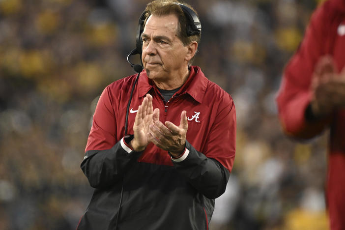 Alabama head coach Nick Saban reacts after a second-half touchdown during the Rose Bowl CFP NCAA semifinal college football game against eventual national champion Michigan on Monday, Jan. 1, 2024, in Pasadena, Calif.