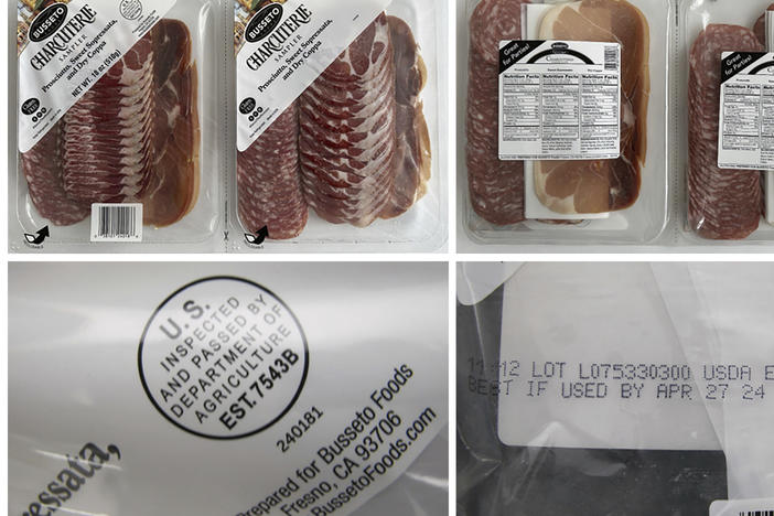 This combination of photos provided by the U.S. Centers for Disease Control and Prevention on Jan. 5, 2024, shows different views of a Busseto charcuterie sampler with prosciutto, sweet sopressata and dry coppa.