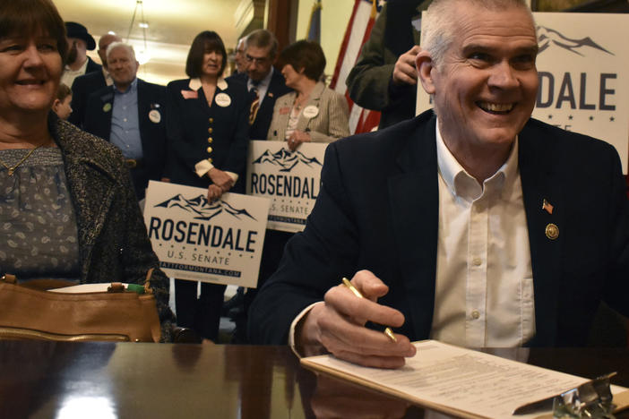 Montana Republican Rep. Matt Rosendale files paperwork to run for U.S. Senate on Feb. 9 at the state Capitol in Helena, Mt. Rosendale announced Thursday, Feb. 15, that he was ending his campaign after former President Donald Trump endorsed his Republican opponent, former Navy SEAL Tim Sheehy.