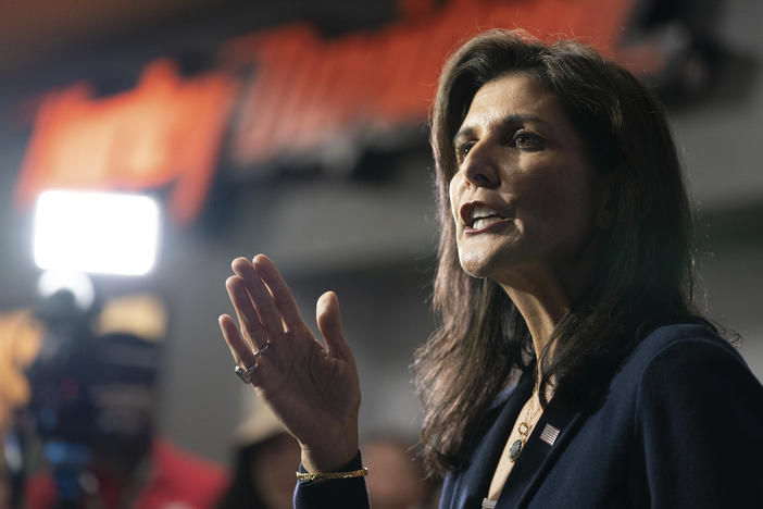 Republican presidential candidate former UN Ambassador Nikki Haley speaks to members of the media during a campaign event at Thunder Tower Harley Davidson Monday, Feb. 12 in Elgin, S.C. On the campaign trail, Haley has stepped up attacks against Vice President Kamala Harris, drawing parallels between herself and the vice president.