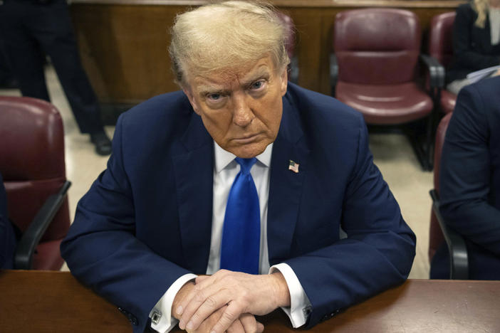 Former U.S. President Donald Trump appears in court for opening statements in his trial for allegedly covering up hush money payments at Manhattan Criminal Court on April 22, 2024 in New York City.