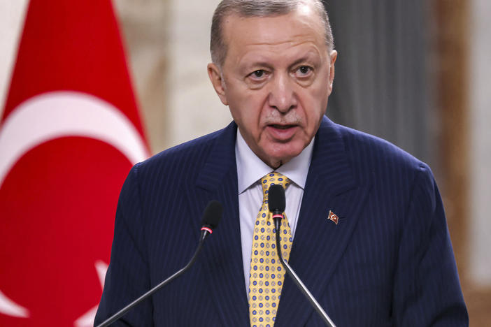 Turkish President Recep Tayyip Erdogan is shown speaking during a joint statement to the media in Baghdad, on April 22, 2024.