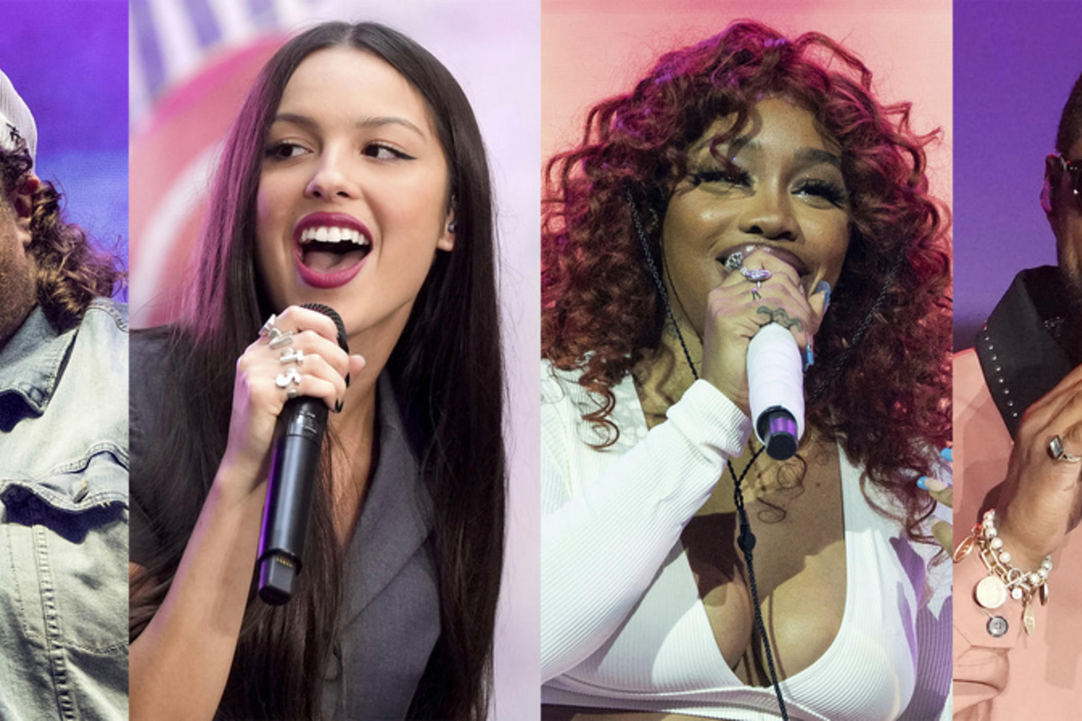 This combination of images shows, from left, Jelly Roll, Olivia Rodrigo, SZA and Usher who will perform at iHeartRadio's 2023 Jingle Ball.