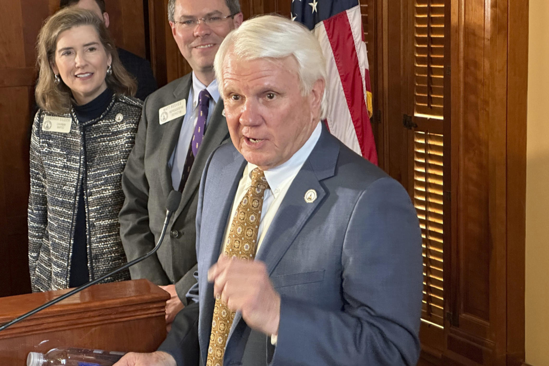 Georgia House Speaker Jon Burns, R-Newington, announces plans for an increased state income tax deduction for children Wednesday, Jan. 24, 2024, at the state Capitol in Atlanta. The increased deduction could save parents about $55 per child per year, or about $150 million statewide.