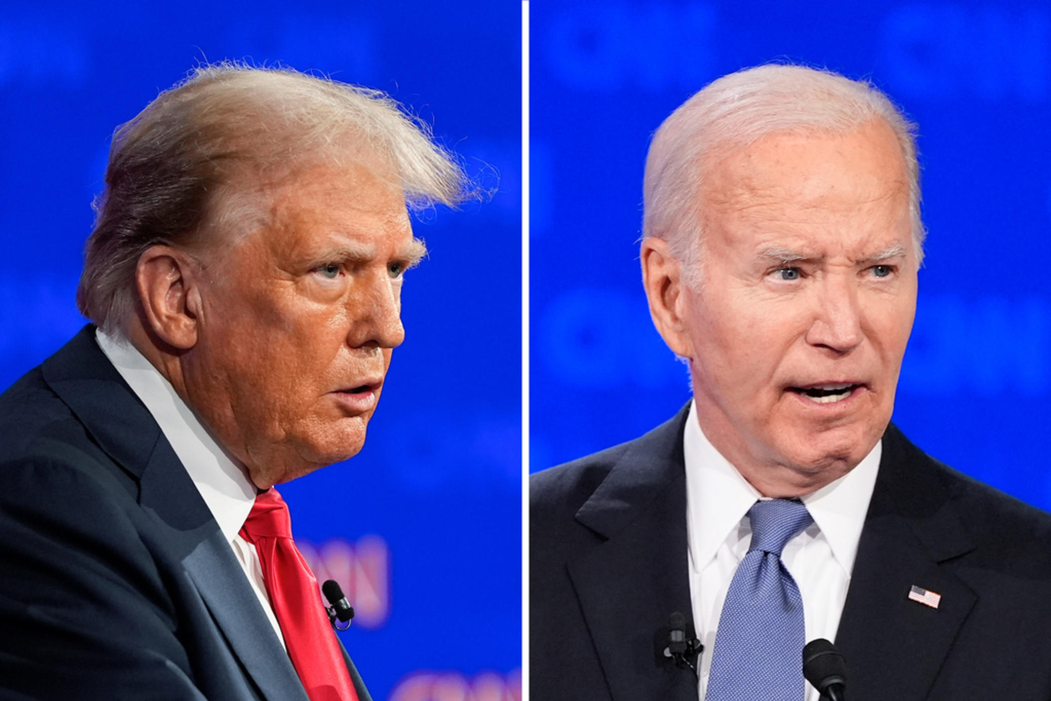 This combination of photos shows Republican presidential candidate former President Donald Trump, left, and President Joe Biden during a presidential debate hosted by CNN, Thursday, June 27, 2024, in Atlanta. 