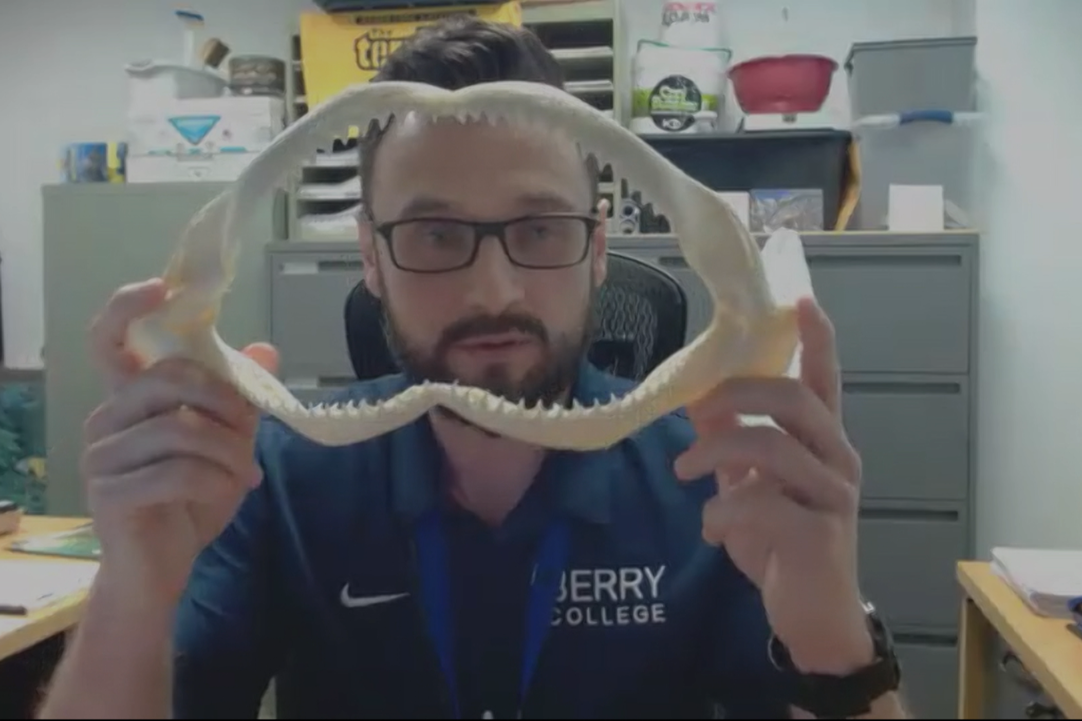 Berry College's Dr. Ryan Saylor holds up the jaw of a silky shark.