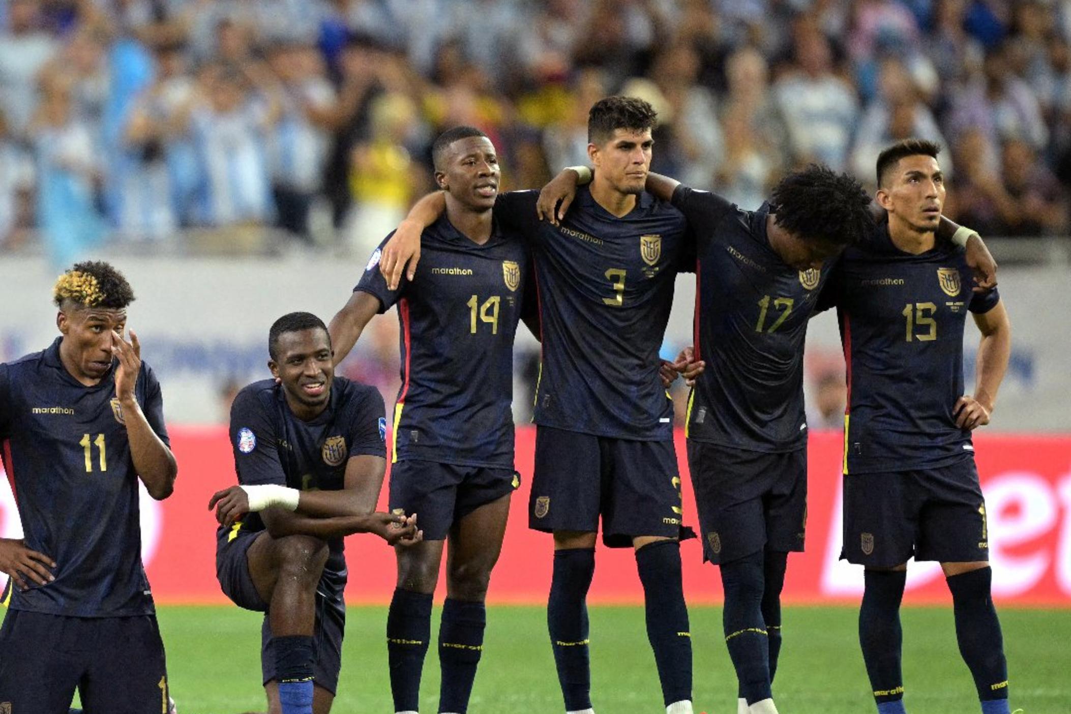 Members of Ecuador soccer team stand together after a quarterfinals loss to Argentina in the Copa America tournament July 4, 2024.