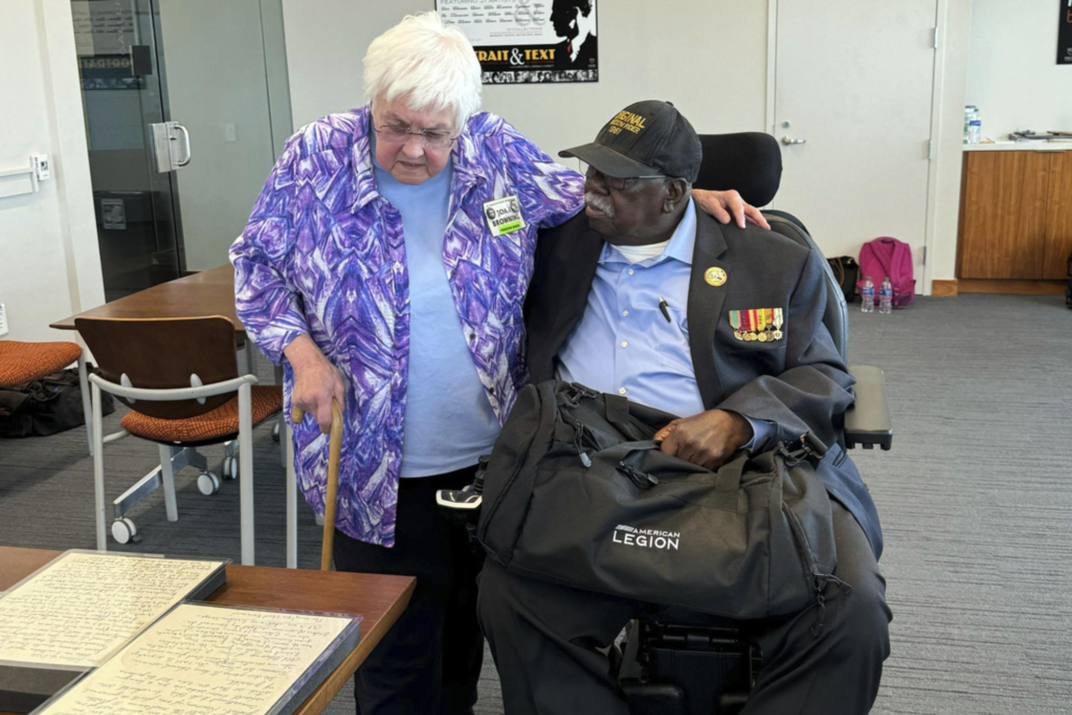 Joan Browning and Charles Person chat at Emory University in Atlanta, Fridy, July 26, 2024. They were Freedom Riders. activists who rode buses into the Deep South in 1961, aiming to desegregate interstate transportation. Browning and Person are donating their archives to the university's Rose Library. 