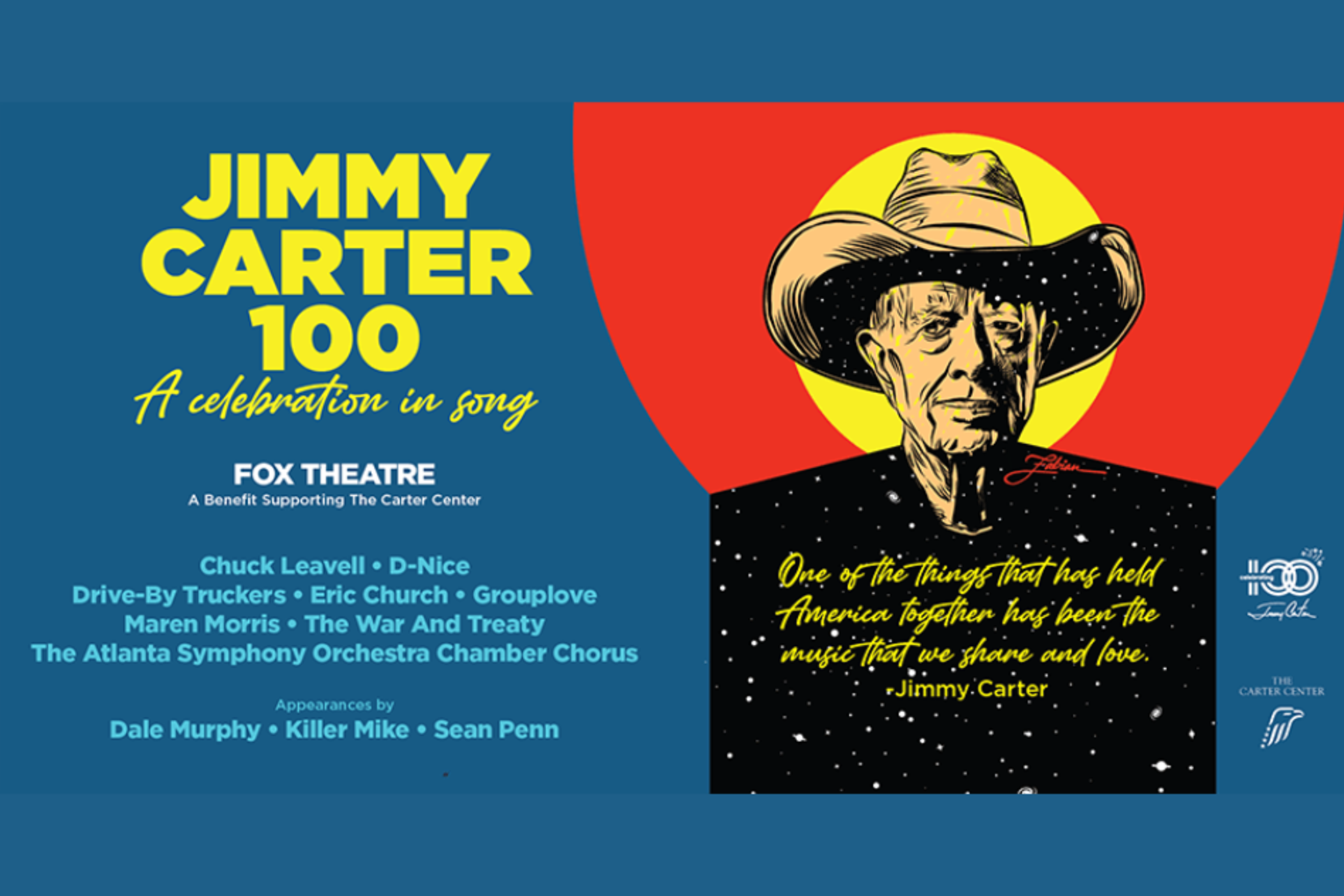 Oct. 1, 2024 is Jimmy Carter's 100th birthday. A concert featuring more than a dozens celebrities and musical acts will pay tribute to the former president at Atlanta's Fox Theatre on Sept. 17, 2024.