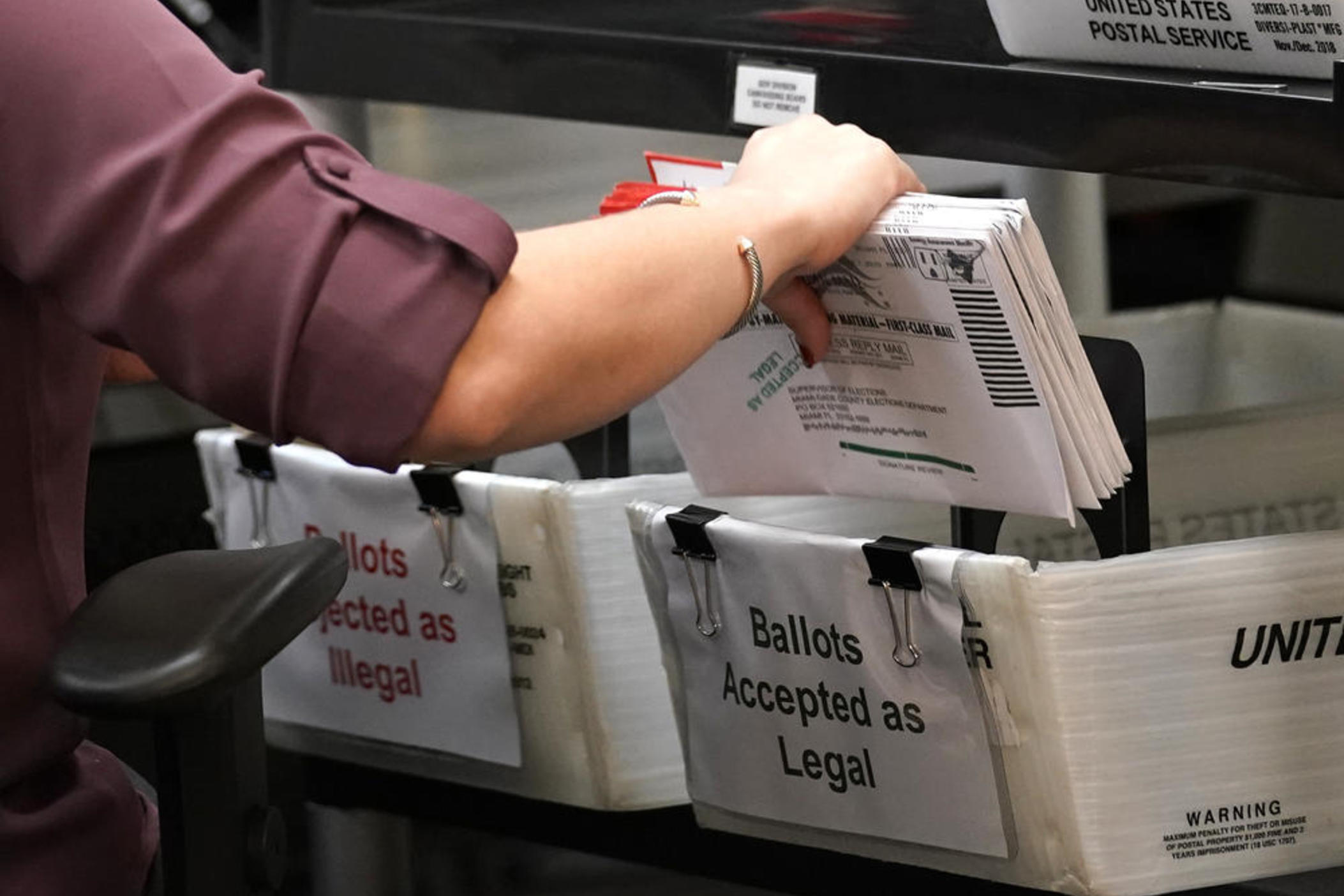 In this Oct. 26, 2020, file photo an election worker sorts vote-by-mail ballots at the Miami-Dade County Board of Elections in Doral, Fla.