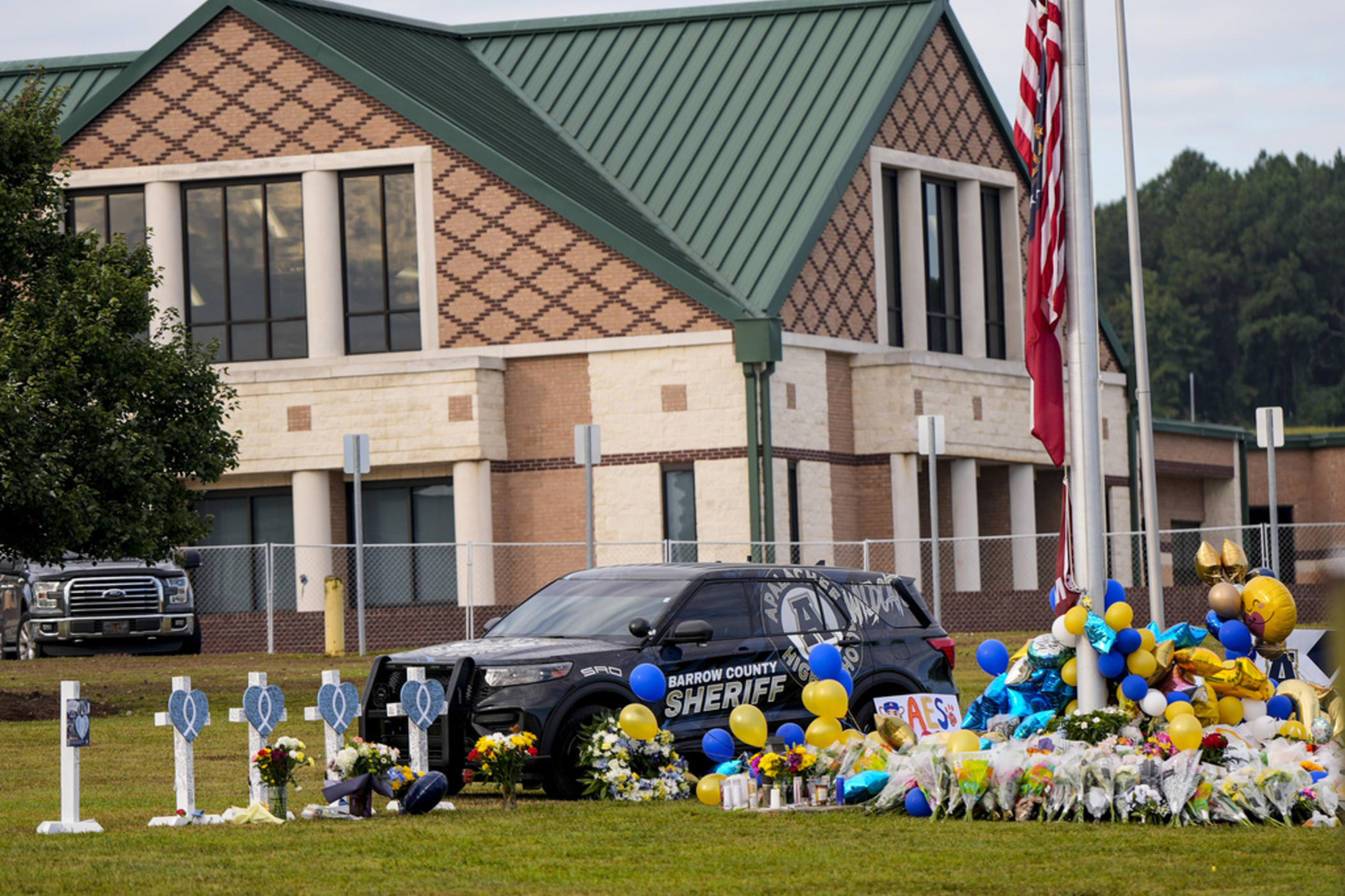 A memorial is seen at Apalachee High School after the Wednesday school shooting, Saturday, Sept. 7, 2024, in Winder, Ga.