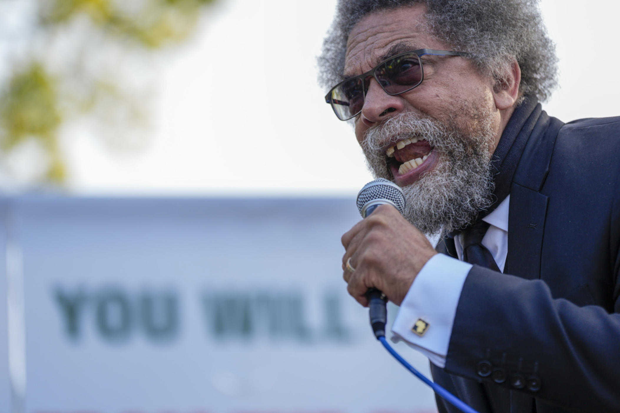 Progressive activist Cornel West speaks at a demonstration in Union Park outside the Democratic National Convention Wednesday, Aug. 21, 2024, in Chicago. 